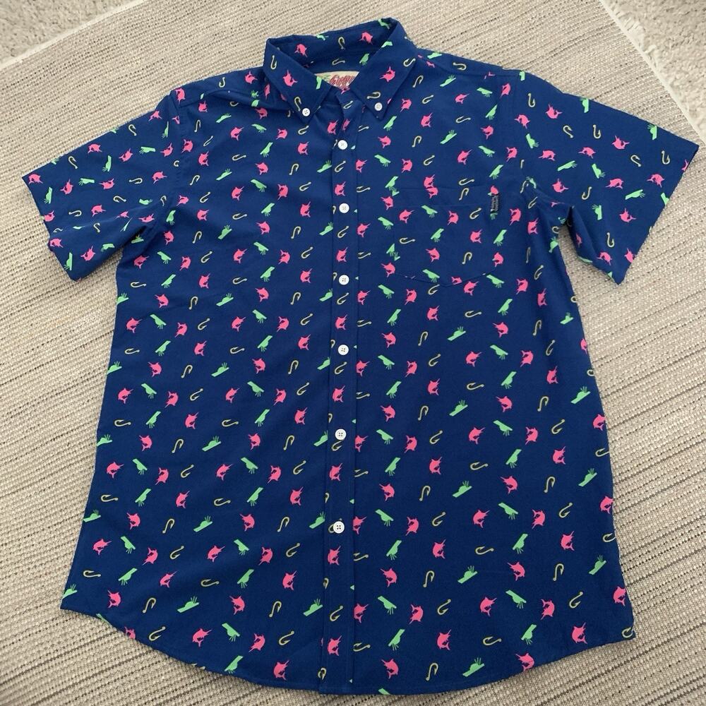 Simply Southern Shirt Mens Medium Blue Fishing Theme Button Up Life of the Party